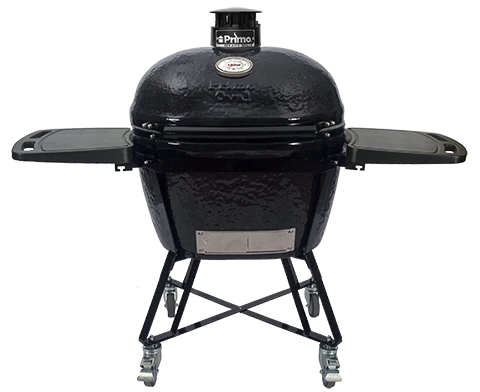 Primo oval ceramic charcoal grill with freestanding cradle and side shelves