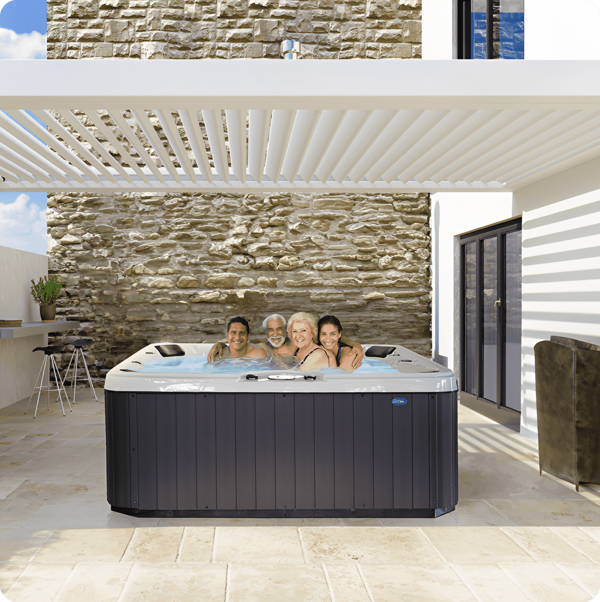 Group soaking in backyard hot tub