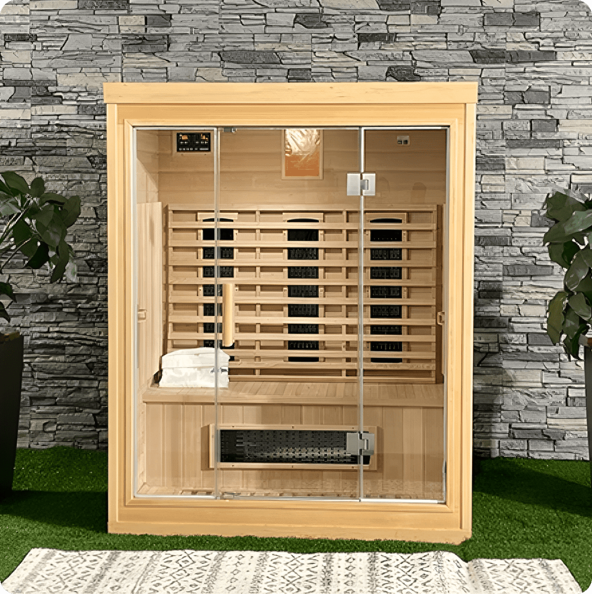 Indoor infrared sauna with stone wall