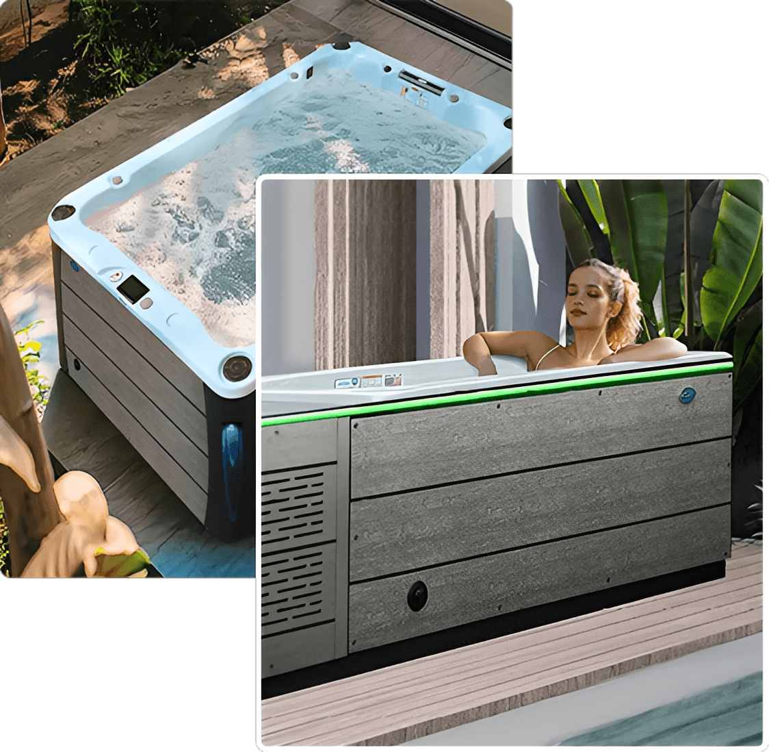 Jacuzzi on a wooden deck with greenery