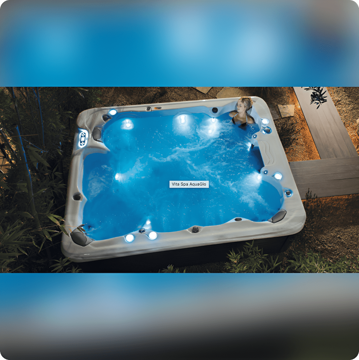 Nighttime view of a bubbling hot tub