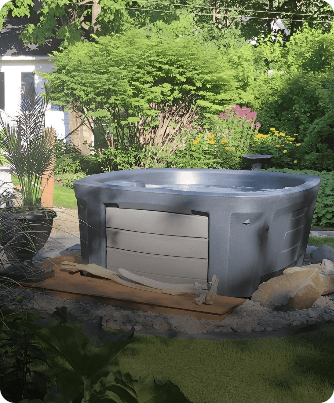 Outdoor hot tub in lush garden