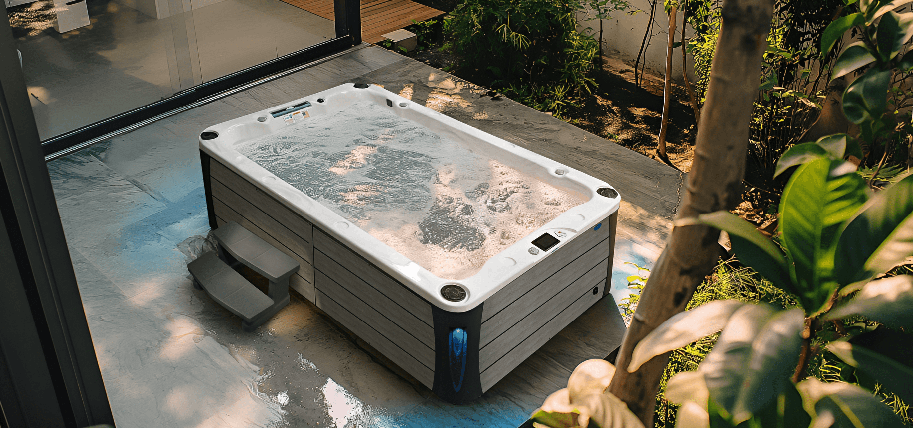 Backyard jacuzzi surrounded by greenery